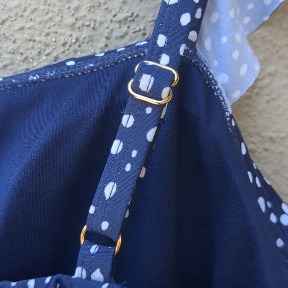 Kona Sol 1 Piece Swim 17 Dot Ruffle Shoulder One Piece Slim Swimsuit Navy Blue - Picture 8 of 14